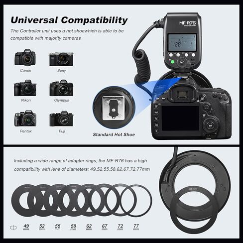 Godox MF R76 Macro LED Ring Flash 76Ws 660 Full-Power Flashes Recycle Time 0.1-1.5S Dual-Flash Tubes Power Adjustment 1/128 to 1/1 10 Levels of Power Ratio for Canon Nikon Sony Fuji Olympus Panasonic in Kuwait