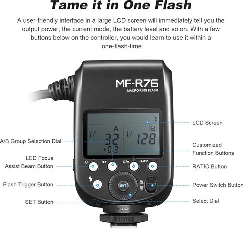 Godox MF R76 Macro LED Ring Flash 76Ws 660 Full-Power Flashes Recycle Time 0.1-1.5S Dual-Flash Tubes Power Adjustment 1/128 to 1/1 10 Levels of Power Ratio for Canon Nikon Sony Fuji Olympus Panasonic in Kuwait