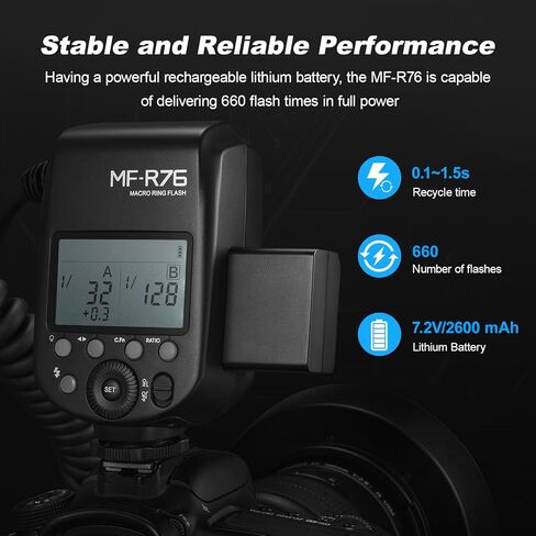 Godox MF R76 Macro LED Ring Flash 76Ws 660 Full-Power Flashes Recycle Time 0.1-1.5S Dual-Flash Tubes Power Adjustment 1/128 to 1/1 10 Levels of Power Ratio for Canon Nikon Sony Fuji Olympus Panasonic in Kuwait