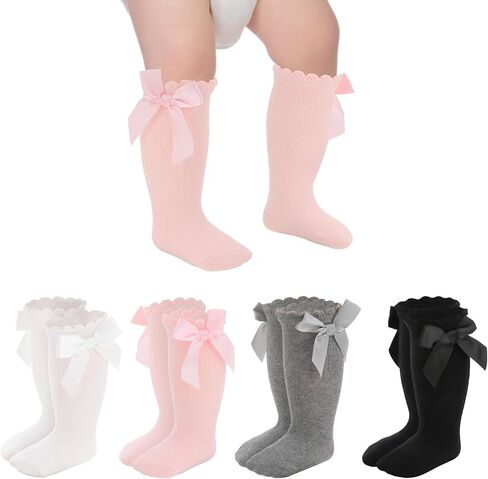 6/8 Pairs Baby Girl Knee High Socks with Bow 0-12 Months | Ruffles Toddler Soft Cotton Long Tube Stockings in Kuwait