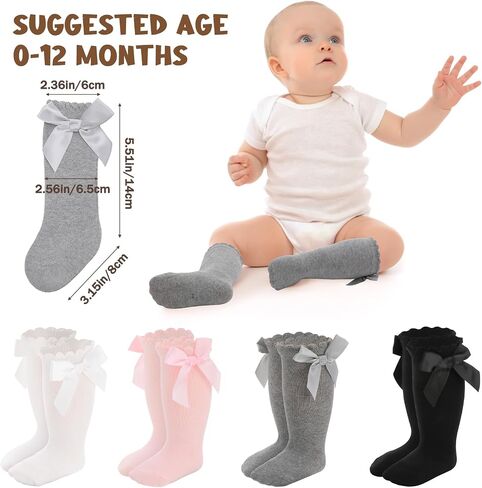 6/8 Pairs Baby Girl Knee High Socks with Bow 0-12 Months | Ruffles Toddler Soft Cotton Long Tube Stockings in Kuwait
