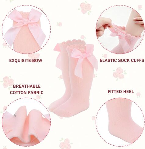 6/8 Pairs Baby Girl Knee High Socks with Bow 0-12 Months | Ruffles Toddler Soft Cotton Long Tube Stockings in Kuwait