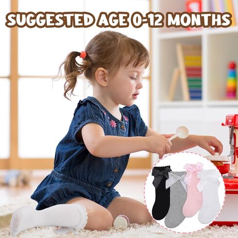6/8 Pairs Baby Girl Knee High Socks with Bow 0-12 Months | Ruffles Toddler Soft Cotton Long Tube Stockings in Kuwait