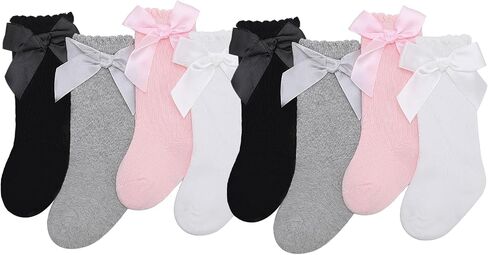 6/8 Pairs Baby Girl Knee High Socks with Bow 0-12 Months | Ruffles Toddler Soft Cotton Long Tube Stockings in Kuwait