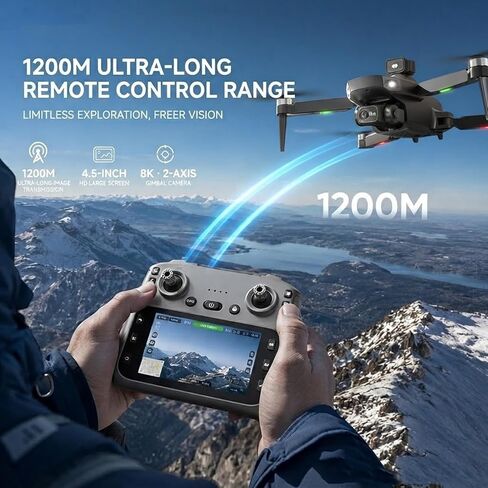 8K Drone with Camera for Adults, Obstacle Avoidance Drone with HD Screen Controller, Under 249g Foldable GPS Quadcopter, 45 Min Flight Dual Batteries, 1200m Range, Follow Me One Key Return for Beginners in Kuwait