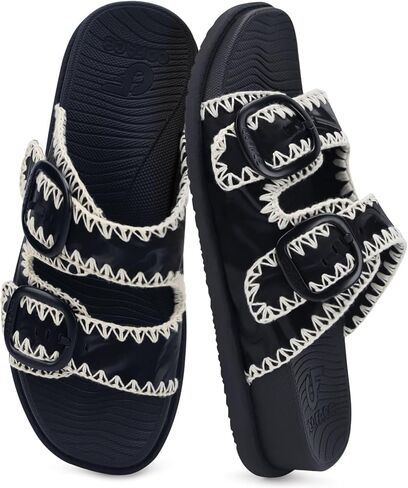 COFACE Women's Stiched Trendy Summer Sandals Cloud Soft Cushioned Beach Slides Pattened Upper Double Adjustable Strap Big Buckle Open Toe Slip On Trending Flat Sandals for Vacations Outfit Size 6-12 in Kuwait