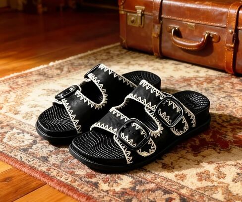 COFACE Women's Stiched Trendy Summer Sandals Cloud Soft Cushioned Beach Slides Pattened Upper Double Adjustable Strap Big Buckle Open Toe Slip On Trending Flat Sandals for Vacations Outfit Size 6-12 in Kuwait