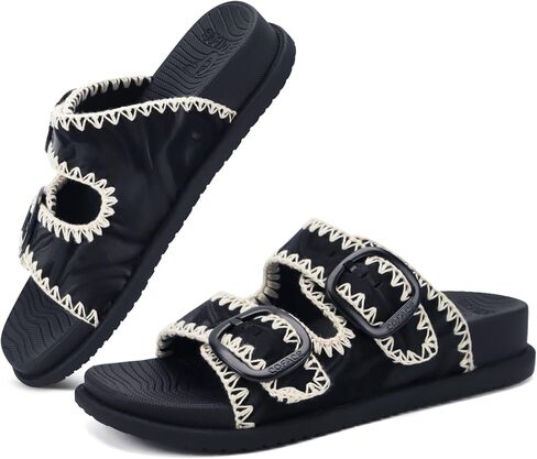 COFACE Women's Stiched Trendy Summer Sandals Cloud Soft Cushioned Beach Slides Pattened Upper Double Adjustable Strap Big Buckle Open Toe Slip On Trending Flat Sandals for Vacations Outfit Size 6-12 in Kuwait