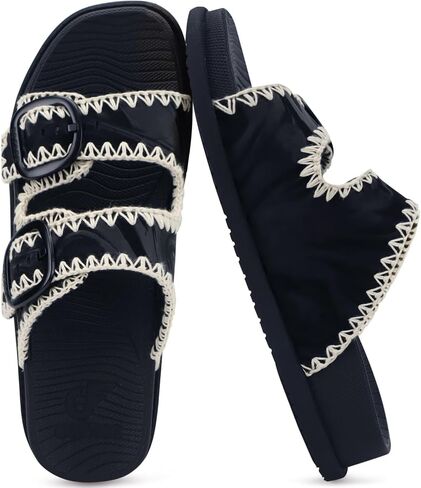 COFACE Women's Stiched Trendy Summer Sandals Cloud Soft Cushioned Beach Slides Pattened Upper Double Adjustable Strap Big Buckle Open Toe Slip On Trending Flat Sandals for Vacations Outfit Size 6-12 in Kuwait