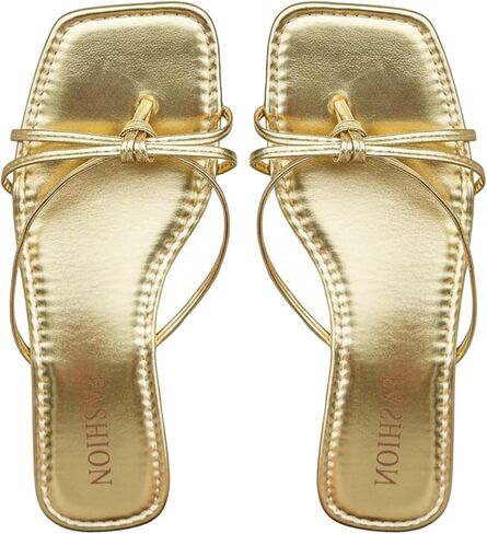 GORGLITTER Women's Gold Strappy Flat Sandals Thong Dressy Wedding Flats | Gold Slides, Sparkly Sandals, Square Toe Flip Flops, Going Out Shoes, Summer Vacation, Cute, 2026 in Kuwait