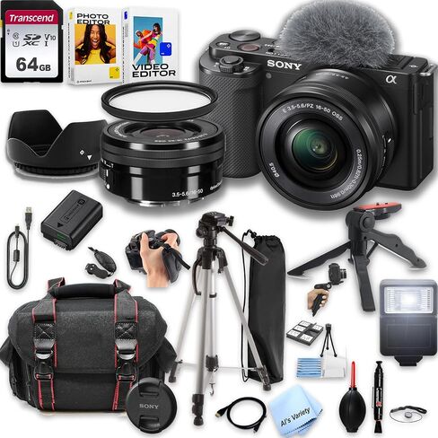 Sony ZV-E10 Mirrorless Camera with 16-50mm Lens + 64GB Memory, Filters,Case, Tripod, Flash, and More (28pc Bundle) (Renewed) in Kuwait