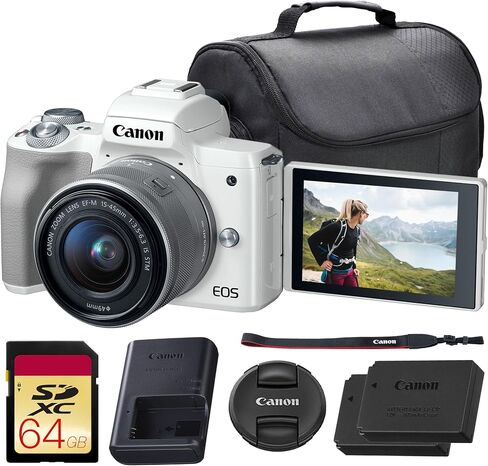 Canon EOS M50 Mirrorless Camera with 15-45mm Lens (White) | 24.1MP APS-C Sensor, Dual Pixel CMOS AF, 4K Video & Vari-Angle Touchscreen | for Vlogging & Content (2681C011) + 64GB Card + Bag + Battery in Kuwait