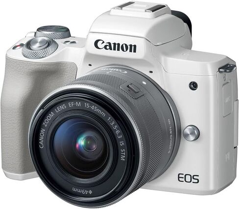 Canon EOS M50 Mirrorless Camera with 15-45mm Lens (White) | 24.1MP APS-C Sensor, Dual Pixel CMOS AF, 4K Video & Vari-Angle Touchscreen | for Vlogging & Content (2681C011) + 64GB Card + Bag + Battery in Kuwait