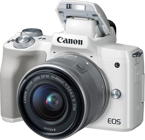 Canon EOS M50 Mirrorless Camera with 15-45mm Lens (White) | 24.1MP APS-C Sensor, Dual Pixel CMOS AF, 4K Video & Vari-Angle Touchscreen | for Vlogging & Content (2681C011) + 64GB Card + Bag + Battery in Kuwait