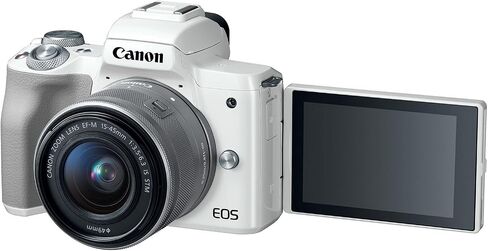 Canon EOS M50 Mirrorless Camera with 15-45mm Lens (White) | 24.1MP APS-C Sensor, Dual Pixel CMOS AF, 4K Video & Vari-Angle Touchscreen | for Vlogging & Content (2681C011) + 64GB Card + Bag + Battery in Kuwait