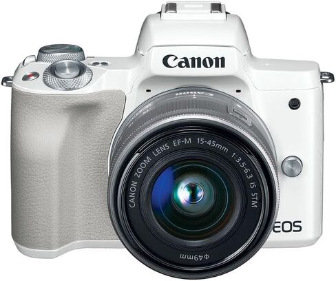 Canon EOS M50 Mirrorless Camera with 15-45mm Lens (White) | 24.1MP APS-C Sensor, Dual Pixel CMOS AF, 4K Video & Vari-Angle Touchscreen | for Vlogging & Content (2681C011) + 64GB Card + Bag + Battery in Kuwait