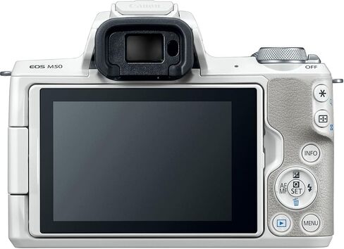 Canon EOS M50 Mirrorless Camera with 15-45mm Lens (White) | 24.1MP APS-C Sensor, Dual Pixel CMOS AF, 4K Video & Vari-Angle Touchscreen | for Vlogging & Content (2681C011) + 64GB Card + Bag + Battery in Kuwait