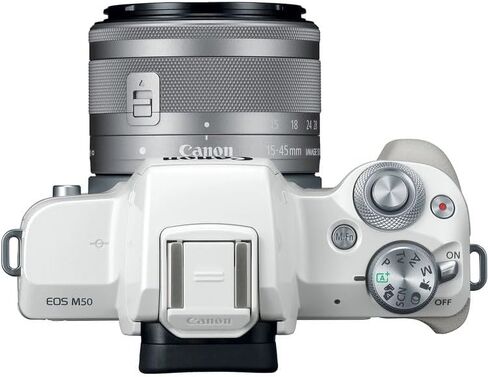 Canon EOS M50 Mirrorless Camera with 15-45mm Lens (White) | 24.1MP APS-C Sensor, Dual Pixel CMOS AF, 4K Video & Vari-Angle Touchscreen | for Vlogging & Content (2681C011) + 64GB Card + Bag + Battery in Kuwait
