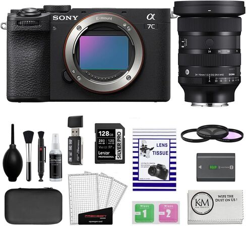 Sony a7C II Mirrorless Camera | Black Bundle with Sigma 24-70mm f/2.8 DG DN II Art Lens + 128GB Memory Card + Filter Set + Battery + SD Reader + Screen Protectors + Cleaning Kit (Renewed) in Kuwait