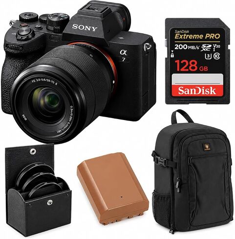Sony Alpha a7 IV 33MP 4K Mirrorless Camera with FE 28-70mm OSS II Lens, SanDisk Extreme PRO 128GB SDXC Card, Backpack, Extra NP-FZ100 Battery, 55mm UV | CPL | ND Filter Kit, 1 Year Warranty in Kuwait