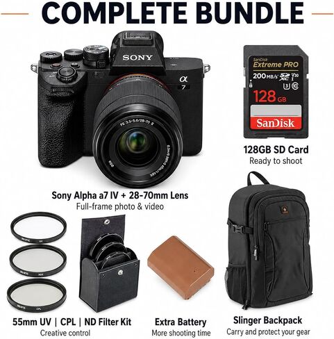 Sony Alpha a7 IV 33MP 4K Mirrorless Camera with FE 28-70mm OSS II Lens, SanDisk Extreme PRO 128GB SDXC Card, Backpack, Extra NP-FZ100 Battery, 55mm UV | CPL | ND Filter Kit, 1 Year Warranty in Kuwait