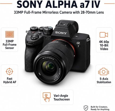 Sony Alpha a7 IV 33MP 4K Mirrorless Camera with FE 28-70mm OSS II Lens, SanDisk Extreme PRO 128GB SDXC Card, Backpack, Extra NP-FZ100 Battery, 55mm UV | CPL | ND Filter Kit, 1 Year Warranty in Kuwait