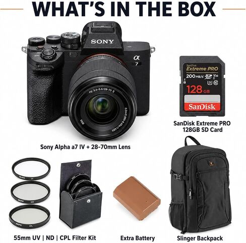 Sony Alpha a7 IV 33MP 4K Mirrorless Camera with FE 28-70mm OSS II Lens, SanDisk Extreme PRO 128GB SDXC Card, Backpack, Extra NP-FZ100 Battery, 55mm UV | CPL | ND Filter Kit, 1 Year Warranty in Kuwait