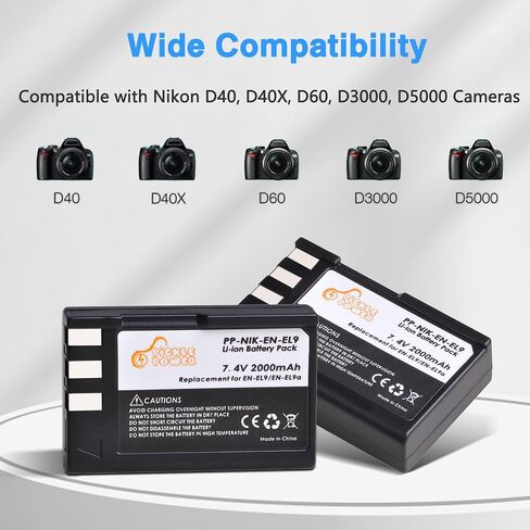 Pickle Power EN-EL9 EN EL9a Battery 2-Pack and LED USB Charger for Nikon D40, D40x, D60, D3000, D5000 Digital SLR Cameras in Kuwait