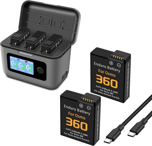 2-Pack Osmo 360 Battery, 3-Channel 27W Charger for DJI Action 6/5 Pro/4/3 | Fast Bi-Directional Charger Hub, Compatible for DJI Osmo Action 5 Pro, Action 4, Action 3 and USB-C Cable 2100mAh in Kuwait