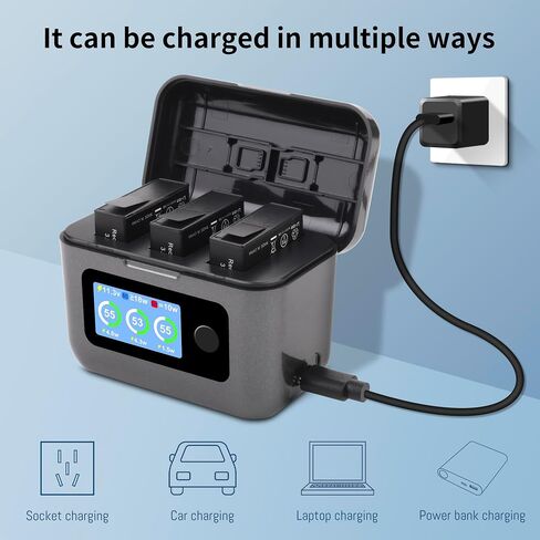 2-Pack Osmo 360 Battery, 3-Channel 27W Charger for DJI Action 6/5 Pro/4/3 | Fast Bi-Directional Charger Hub, Compatible for DJI Osmo Action 5 Pro, Action 4, Action 3 and USB-C Cable 2100mAh in Kuwait