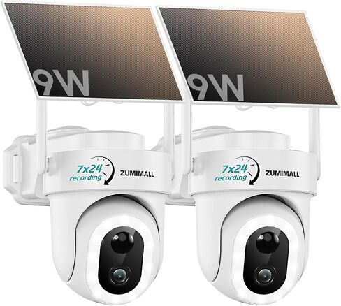 ZUMIMALL 24/7 Recording Solar Security Cameras Wireless Outdoor, 2 Packs | 2.4GHz WiFi, 9W Solar Panel, 2K Color Night Vision, 360° Auto Tracking, AOV Tech, Free AI Human/Vehicle Detection in Kuwait