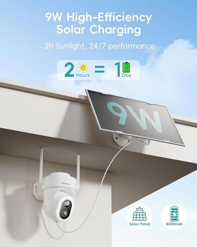 ZUMIMALL 24/7 Recording Solar Security Cameras Wireless Outdoor, 2 Packs | 2.4GHz WiFi, 9W Solar Panel, 2K Color Night Vision, 360° Auto Tracking, AOV Tech, Free AI Human/Vehicle Detection in Kuwait