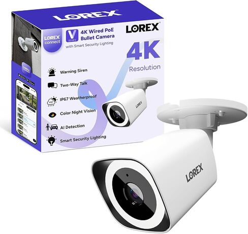 Lorex Connect (New App) | V3 4K Add-On IP PoE Bullet Camera to V-Series NVR | White | Cables Not Included | AI Detections | Color Night Vision | Deterrence Lights & Siren | 2-Way Talk | IP67 Weatherproof in Kuwait