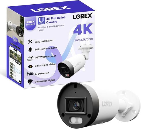 Lorex Connect (New App) | U3 4K IP Add-On PoE Bullet Camera to U-Series NVR | White | Cables Not Included | AI Detections | Color Night Vision | Deterrence Lights & Siren | Listen-In Audio | IP67 Rating in Kuwait
