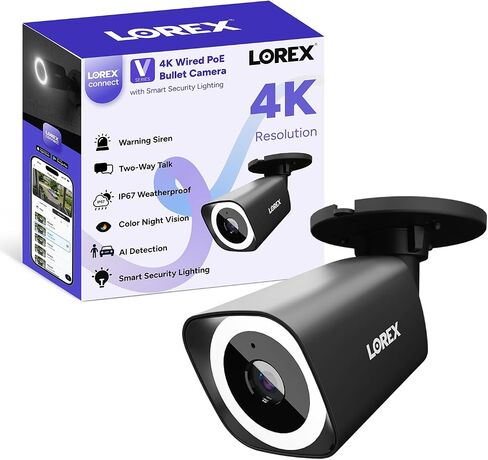 Lorex Connect (New App) | V3 4K Add-On IP PoE Bullet Camera to V-Series NVR | Black | Cables Not Included | AI Detections | Color Night Vision | Deterrence Lights & Siren | 2-Way Talk | IP67 Weatherproof in Kuwait