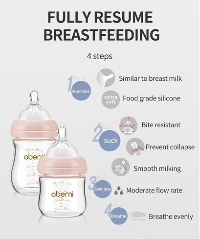Oberni Glass Baby Bottles,Anti Colic Breastfeeding Bottle with Natural Response Nipple Size S,Wide Neck Slow Flow Baby Bottle for Baby,Newborn,Preemie 0-3 0-6 Month,BPA Free (Pink, 1 Pack, 5 Ounce) in Kuwait