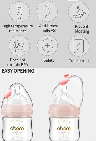 Oberni Glass Baby Bottles,Anti Colic Breastfeeding Bottle with Natural Response Nipple Size S,Wide Neck Slow Flow Baby Bottle for Baby,Newborn,Preemie 0-3 0-6 Month,BPA Free (Pink, 1 Pack, 5 Ounce) in Kuwait