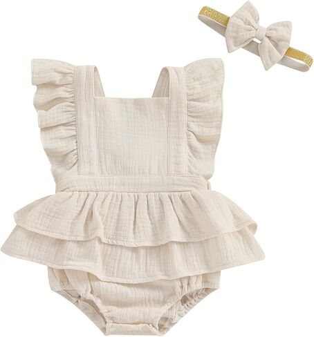 MERSARIPHY Newborn Baby Girl Summer Outfit Linen Ruffle Bubble Romper Dress One Piece Bodysuit Jumpsuit Infant Summer Clothes in Kuwait