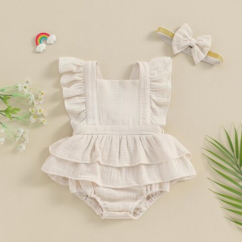 MERSARIPHY Newborn Baby Girl Summer Outfit Linen Ruffle Bubble Romper Dress One Piece Bodysuit Jumpsuit Infant Summer Clothes in Kuwait