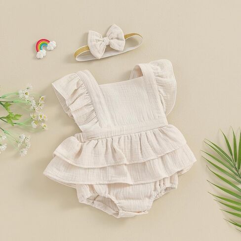 MERSARIPHY Newborn Baby Girl Summer Outfit Linen Ruffle Bubble Romper Dress One Piece Bodysuit Jumpsuit Infant Summer Clothes in Kuwait