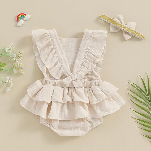 MERSARIPHY Newborn Baby Girl Summer Outfit Linen Ruffle Bubble Romper Dress One Piece Bodysuit Jumpsuit Infant Summer Clothes in Kuwait