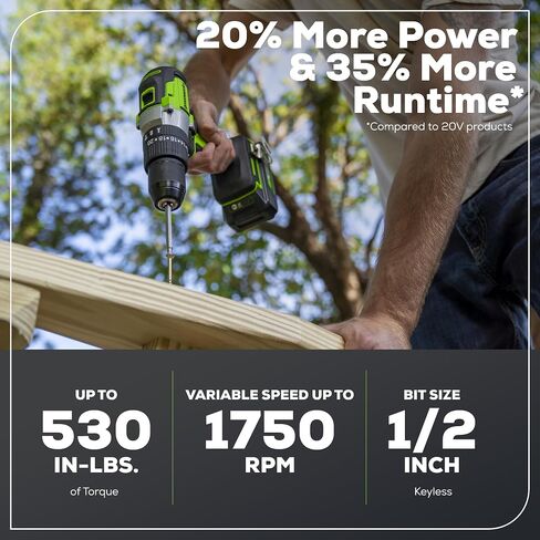 Greenworks 24V Brushless 1/2" Hammer Drill (Metal Chuck / 530 in.-lbs. / 20+3 Clutch / LED Light) + 5 PC Drill Bits, 2.0Ah Battery and Charger Included in Kuwait