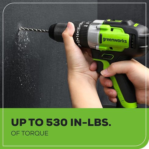 Greenworks 24V Brushless 1/2" Hammer Drill (Metal Chuck / 530 in.-lbs. / 20+3 Clutch / LED Light) + 5 PC Drill Bits, 2.0Ah Battery and Charger Included in Kuwait