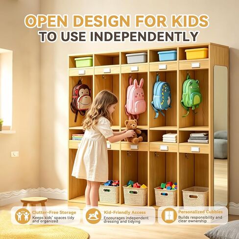 20-Section Classroom Coat Locker with Shatterproof Locker Mirror, Layered Storage,Daycare Cubbies with 10 Hooks & Acrylic Name Plates,Kindergarten Lockers for Nursery,Home,School in Saudi Arabia