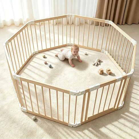 Pterying Wooden Baby Gate Playpen, 8 Panels, Foldable, Natural Wood | Child Safety Lock, Stowable Fence, Portable Play Area for Ages 6M-3Y, 58" x 58" x 24" in Kuwait
