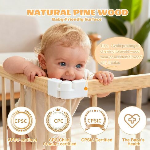 Pterying Wooden Baby Gate Playpen, 8 Panels, Foldable, Natural Wood | Child Safety Lock, Stowable Fence, Portable Play Area for Ages 6M-3Y, 58" x 58" x 24" in Kuwait