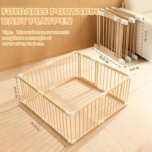 Pterying Wooden Baby Gate Playpen, 8 Panels, Foldable, Natural Wood | Child Safety Lock, Stowable Fence, Portable Play Area for Ages 6M-3Y, 58" x 58" x 24" in Kuwait