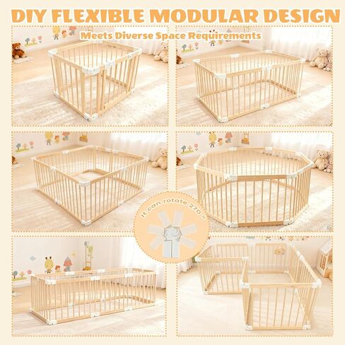 Pterying Wooden Baby Gate Playpen, 8 Panels, Foldable, Natural Wood | Child Safety Lock, Stowable Fence, Portable Play Area for Ages 6M-3Y, 58" x 58" x 24" in Kuwait