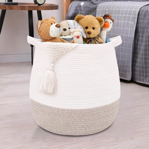 Large Cotton Rope Basket, Woven Storage Basket for Toy, Laundry and Blanket Organizer, Round Hamper Basket with Handles for Kid's Room 17.7"x16.9" in Kuwait