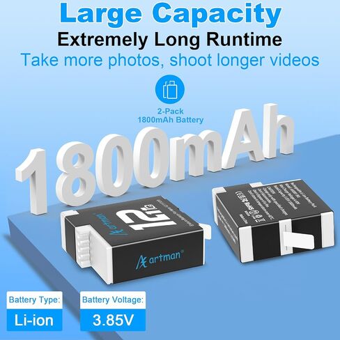 Artman Battery Charger Kits 1800mAh for GoPro Hero 12 11 10 9 Black, 2-Pack in Kuwait